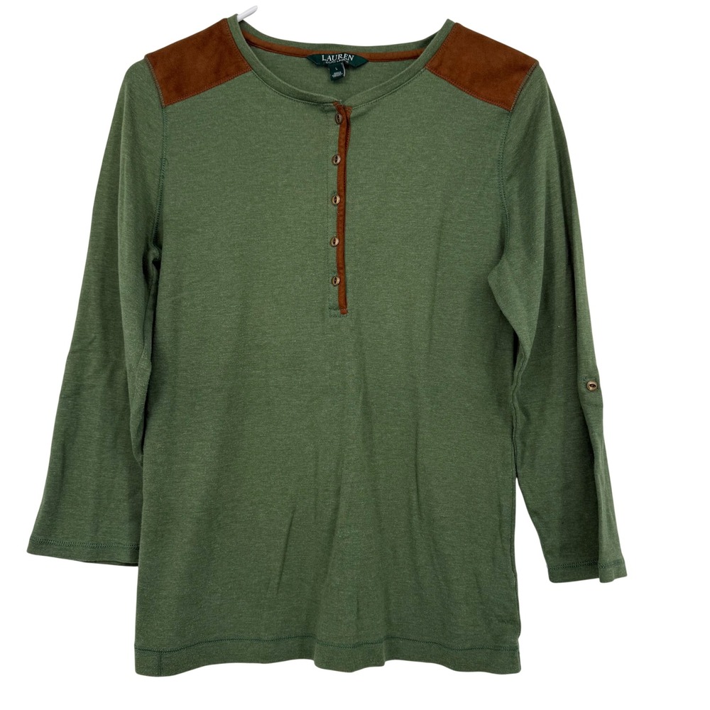 Lauren Ralph Lauren Green Henley Top Faux Leather Shoulder Patch Roll Tab Large‎
